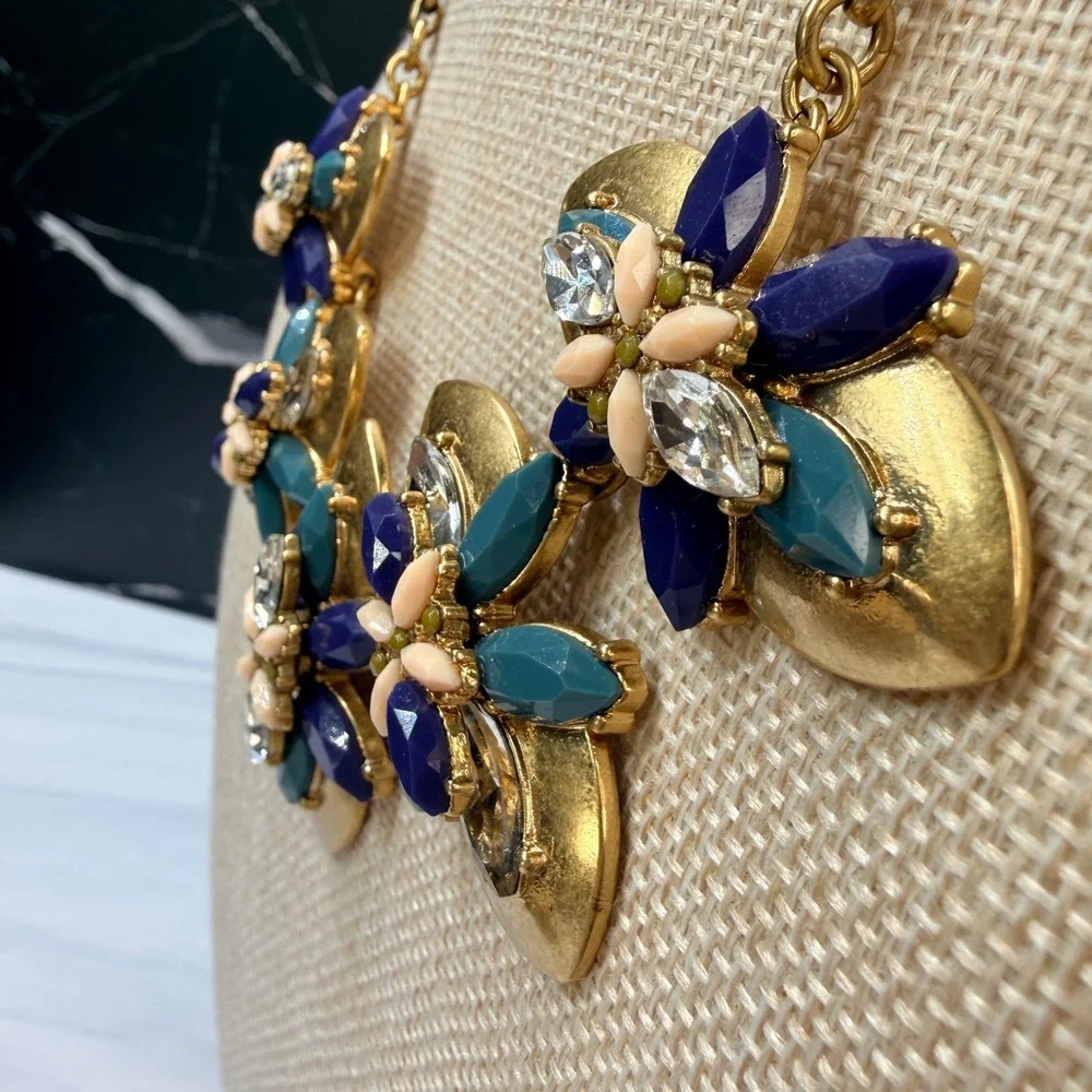 J.Crew Floral Statement Necklace Gold Tone Blue Teal Resin Crystal Flower Bib